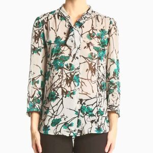 LOFT White Black & Teal Blue Green Floral Sheer Bow Necktie Blouse Womens S